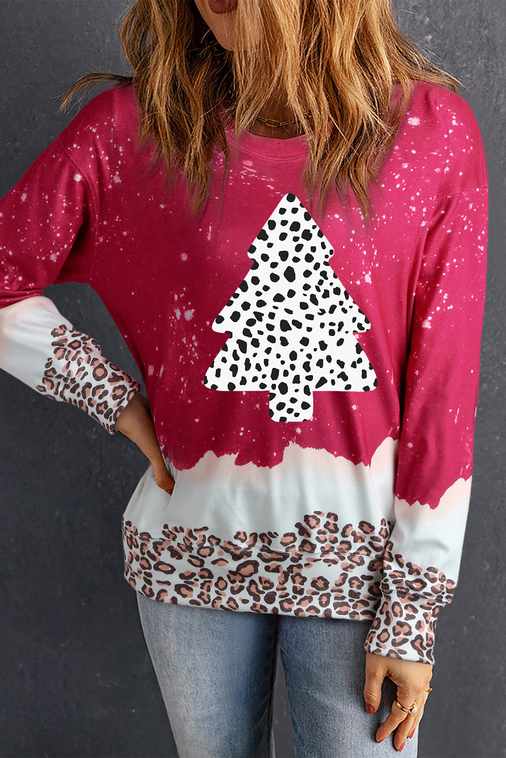 Leopard Christmas Tree Print Loose Fit Sweatshirt