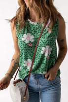 Crew Neck Floral Leopard Print Tank Top