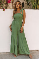 Tie Straps Shirred Bodice Tiered Wide Leg Jumpsuit