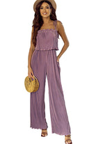 Solid Self Tied Straps Pleated Wide Leg Jumpsuit