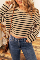 Striped Knit Drop Shoulder Crewneck Cropped Sweater