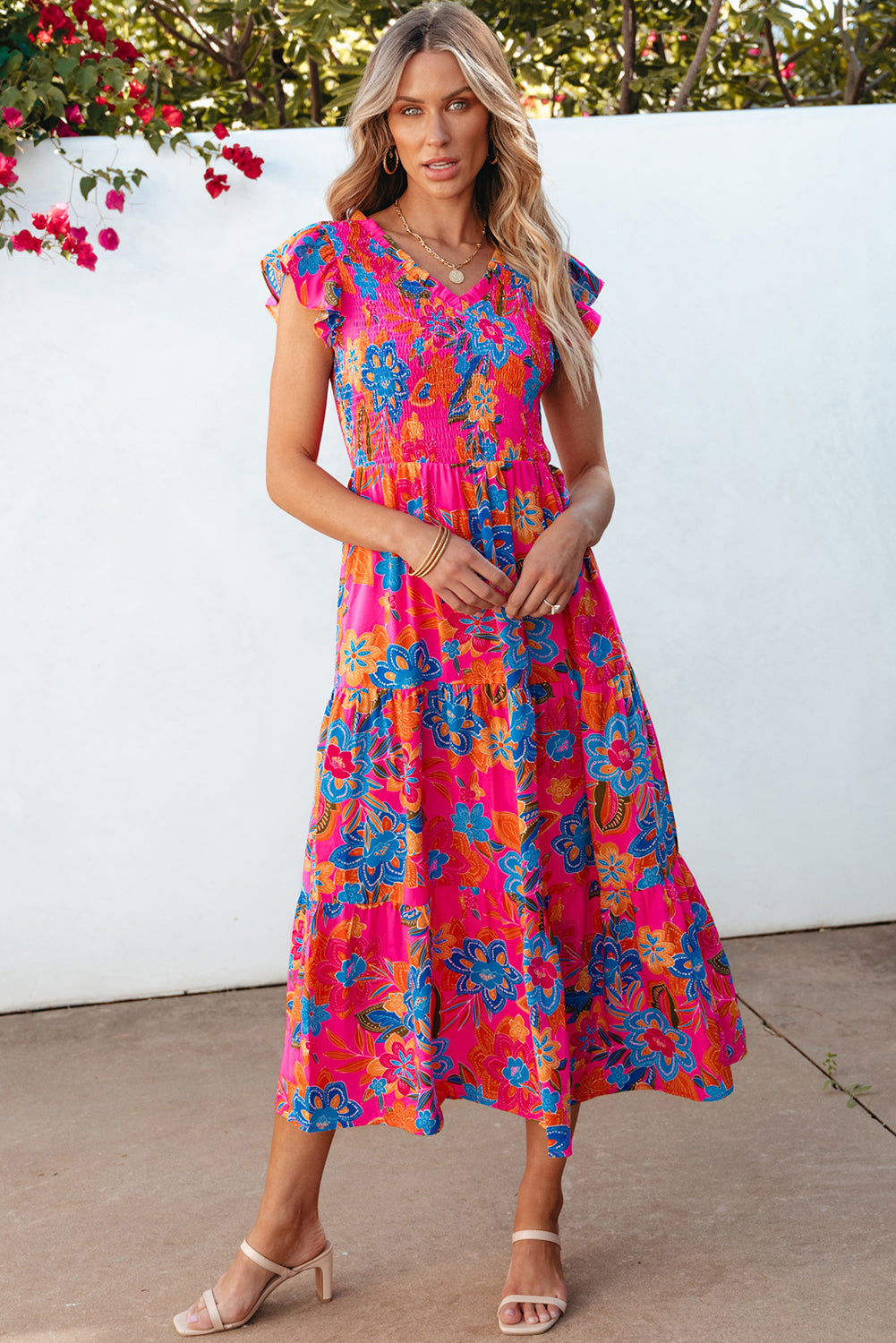 Boho Floral V Neck Ruffle Tiered Long Dress