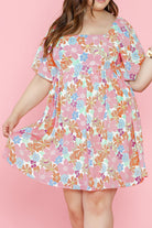 Floral Puff Sleeve Square Neck Plus Babydoll Dress