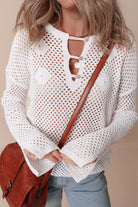 Open Knit Buttoned Neck Split Sleeve Sweater