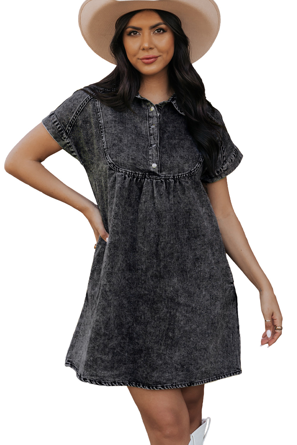 Acid Wash Button Front Collared Short Sleeve Denim Dress