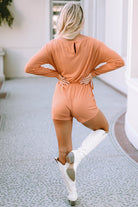 Orange Ribbed Drawstring Waist Long Sleeve Romper