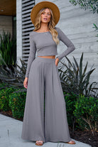 Solid Color Ribbed Crop Top Long Pants Set