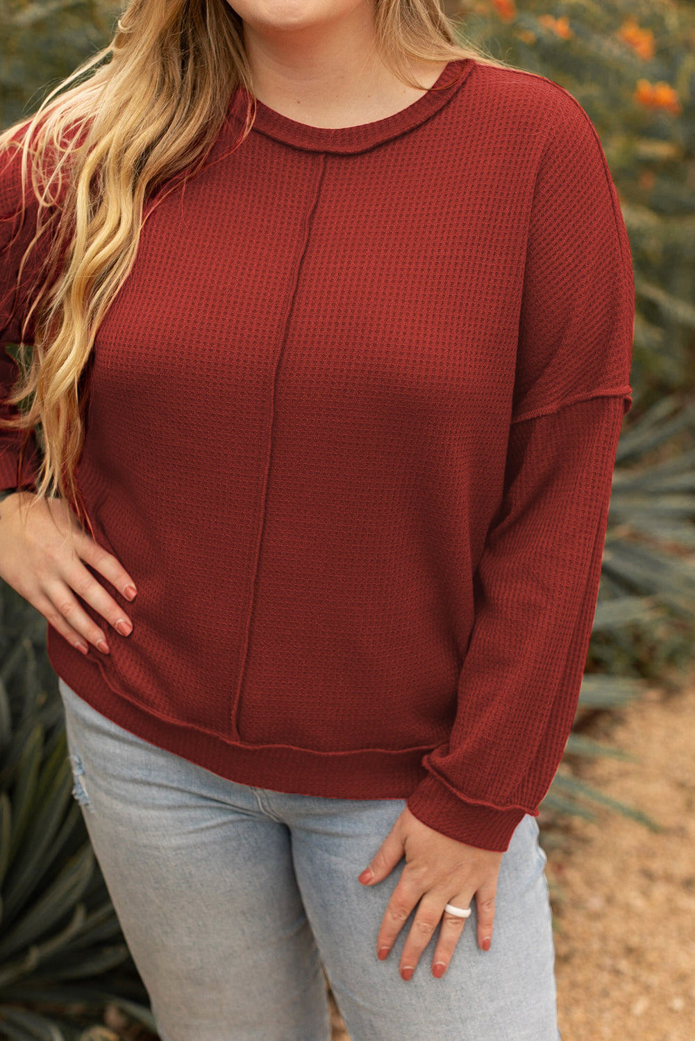 Exposed Seam Detail Waffle Knit Plus Size Top