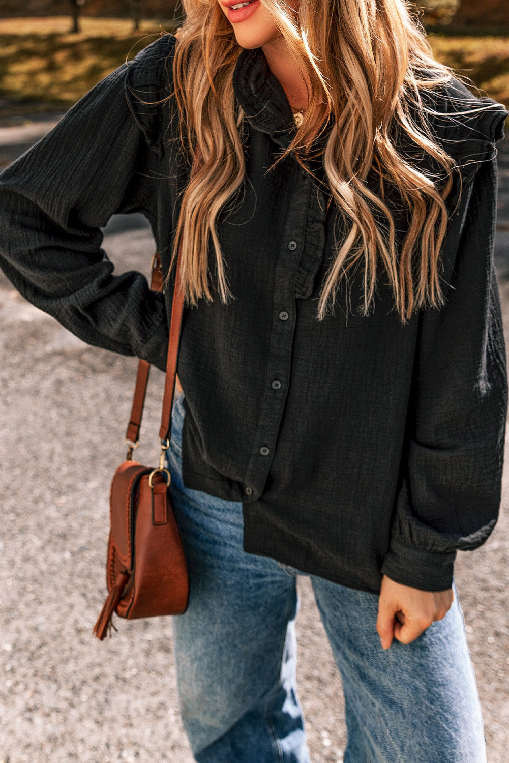 Textured Ruffled Trim Buttoned Loose Fit Shirt