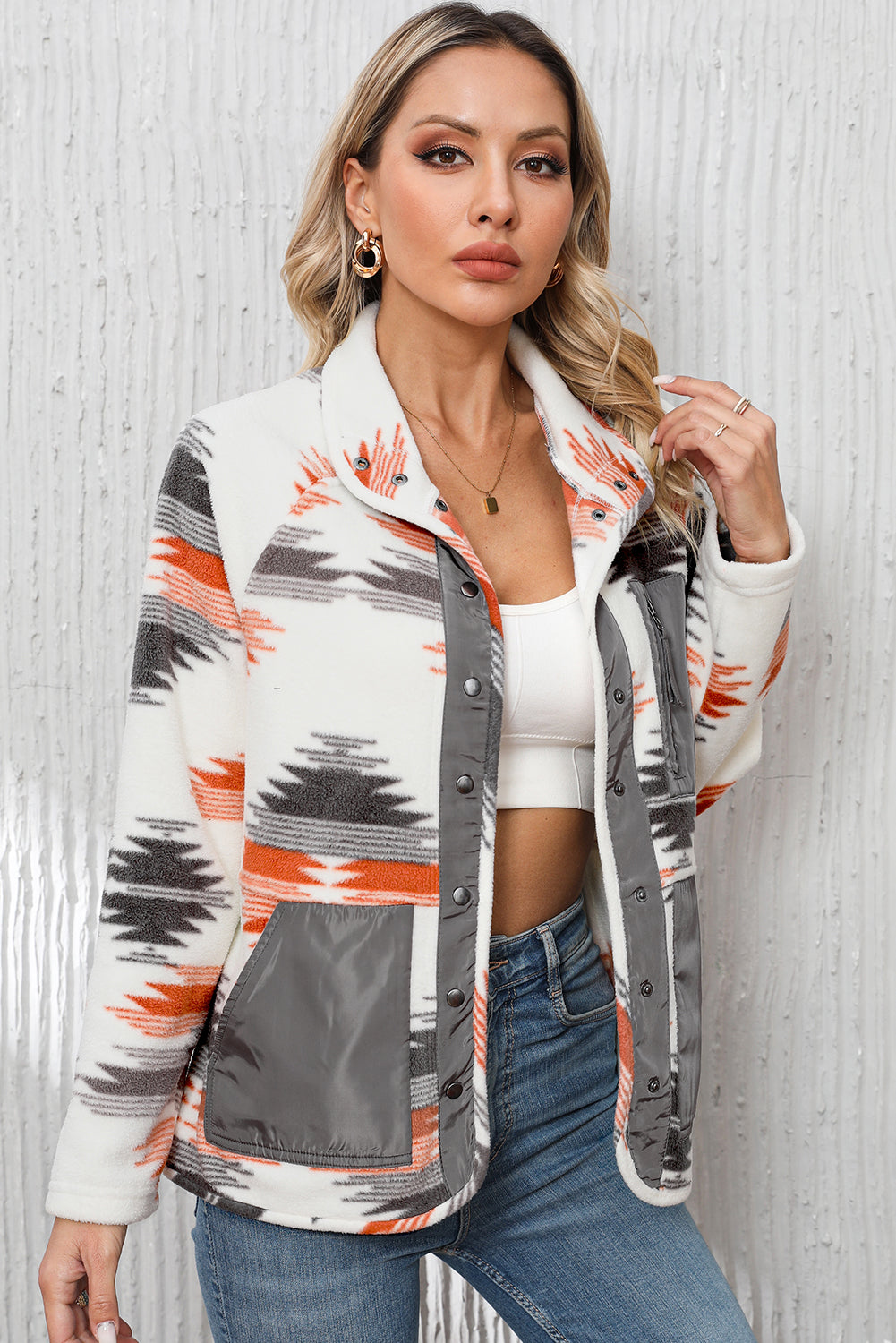 Aztec Fleece Patchwork Snap Button Jacket