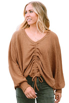 V-Neck Drawstring Dolman Sleeve Waffle Knit Top