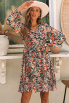 Geometric Print Long Sleeve Surplice Flowy Dress