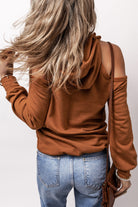 Exposed Seam Cold Shoulder Drawstring Hoodie