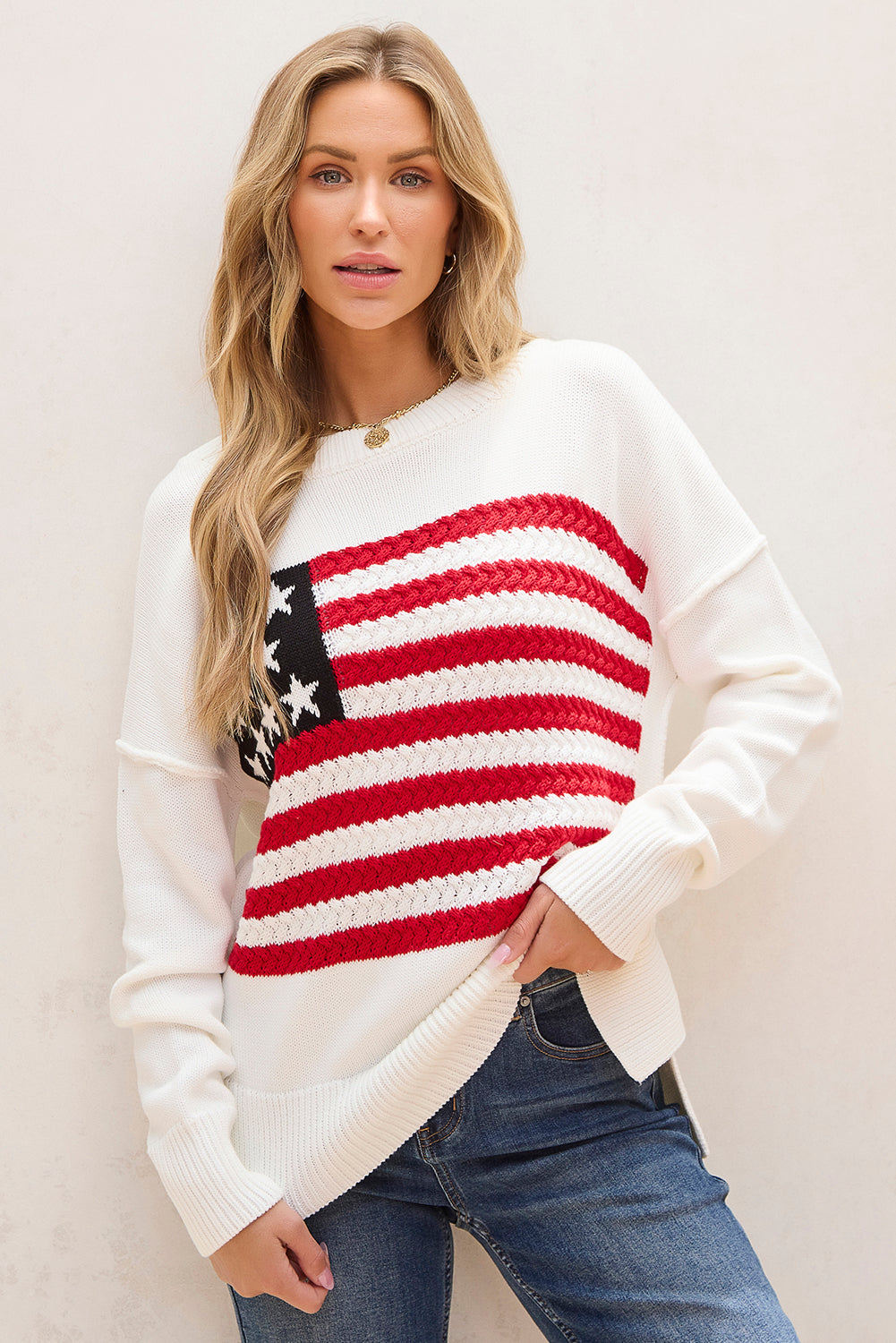 American Flag Cable Knit Drop Shoulder Sweater