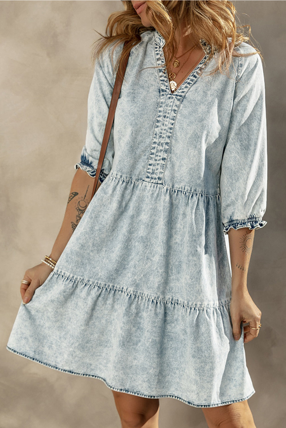 Acid Wash Retro Half Sleeve Flared Denim Dress