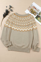 Geometric Pattern Ribbed Round Neck Sweater