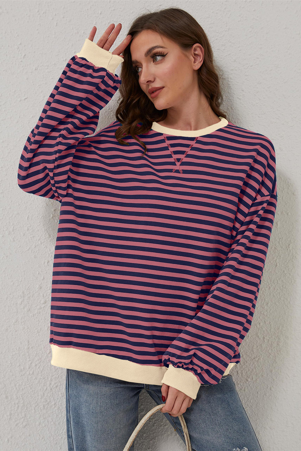 Oversized Contrast Trim Pullover Sweatshirt