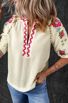 Floral Embroidered Ricrac Puff Sleeve Textured Blouse