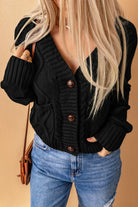 Black Front Pockets Buttons Textured Cardigan