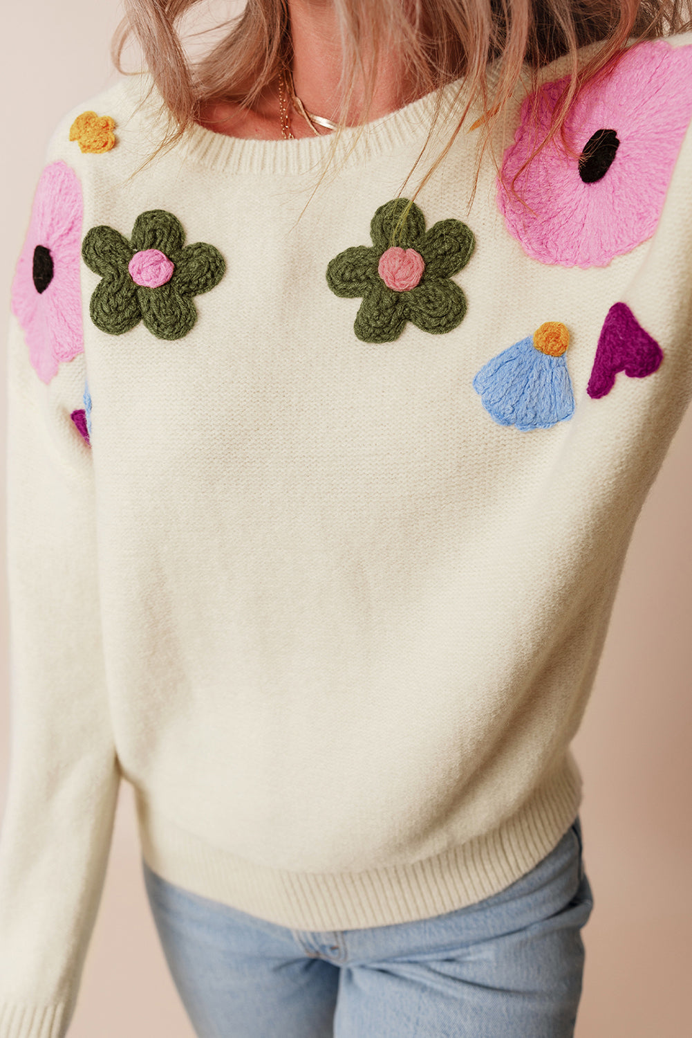 Knitted Flower Pattern Ribbed Edge Sweater