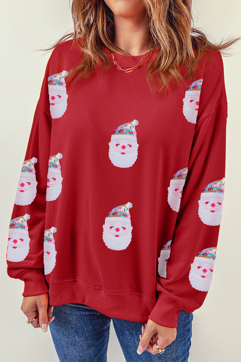 Fiery Red Sequined Christmas Santa Clause Graphic Sweatshirt