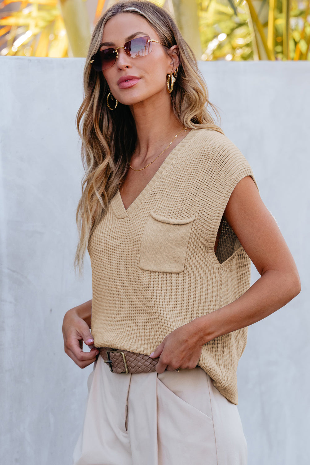 Chest Pocket V Neck Ribbed Cap Sleeve Sweater