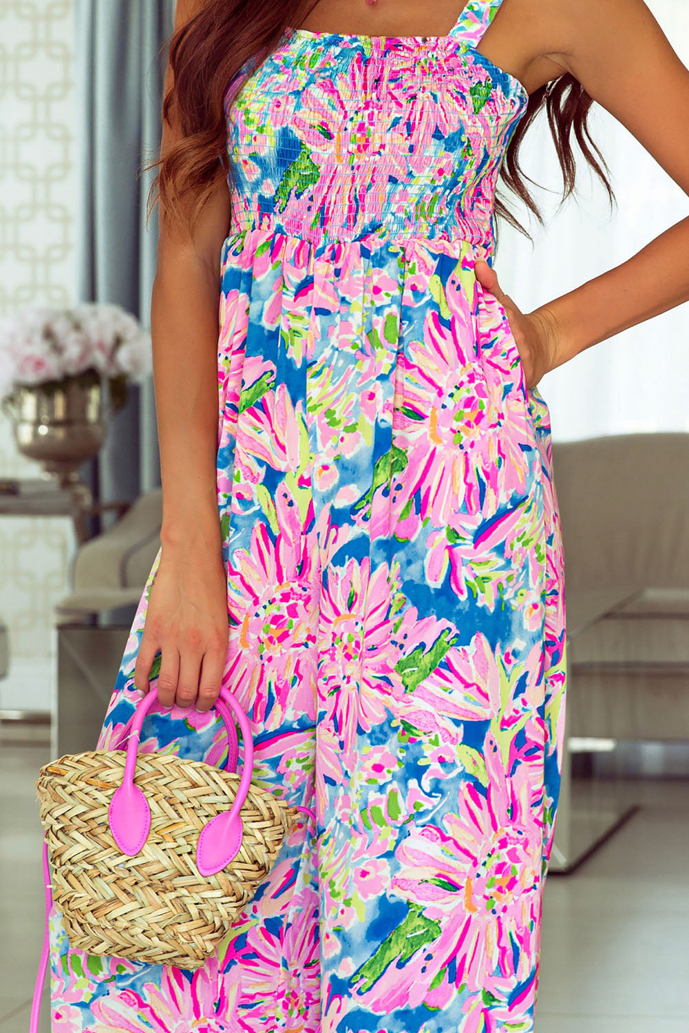 Abstract Floral Painting Smocked Wide Leg Jumpsuit