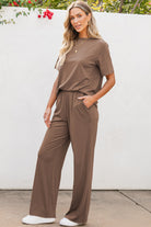 Solid Color T Shirt 2pcs Wide Leg Pants Set