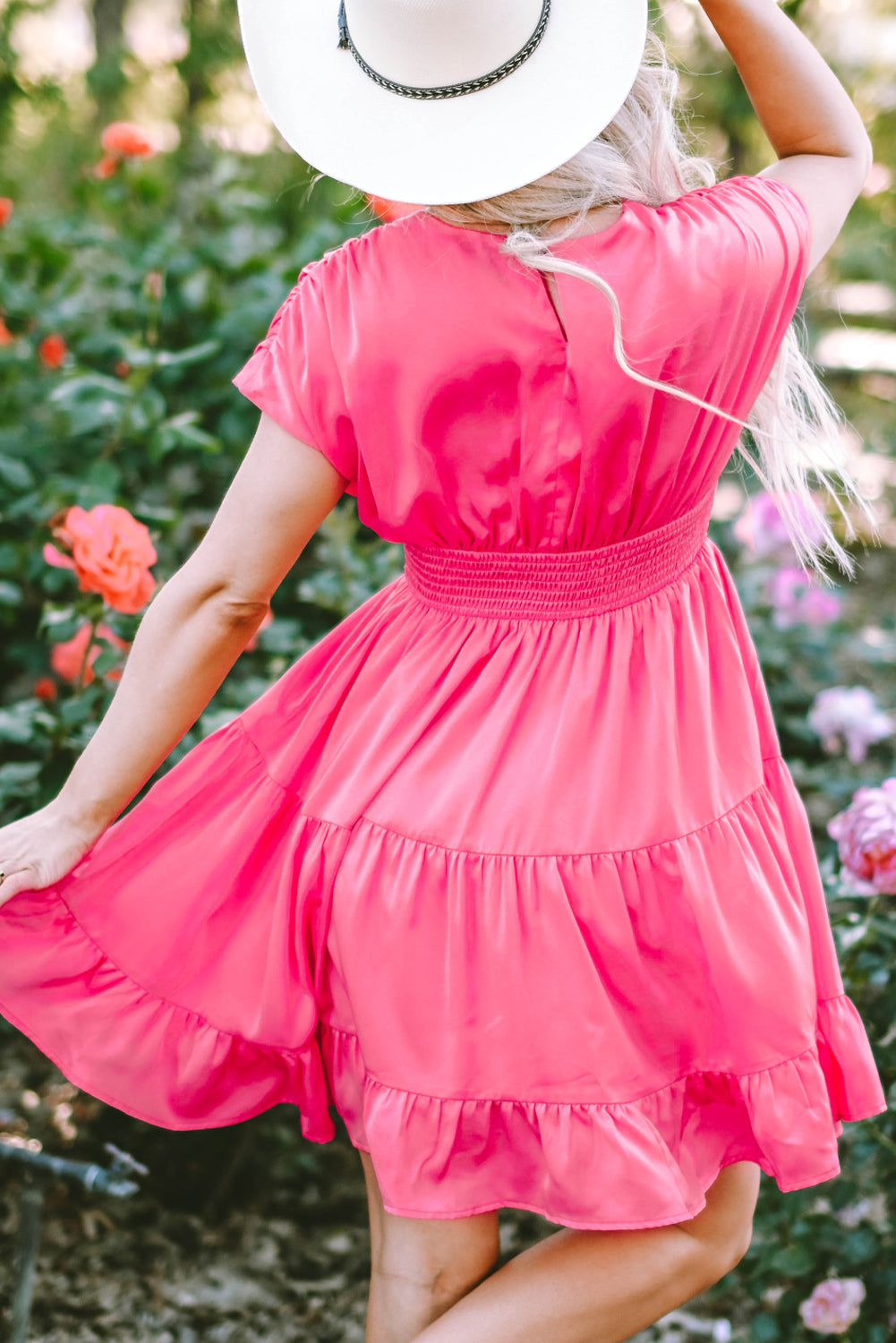 Ruched Sleeve V Neck Smock Waist Tiered Ruffled Dress