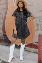 Acid Wash Button Front Collared Short Sleeve Denim Dress