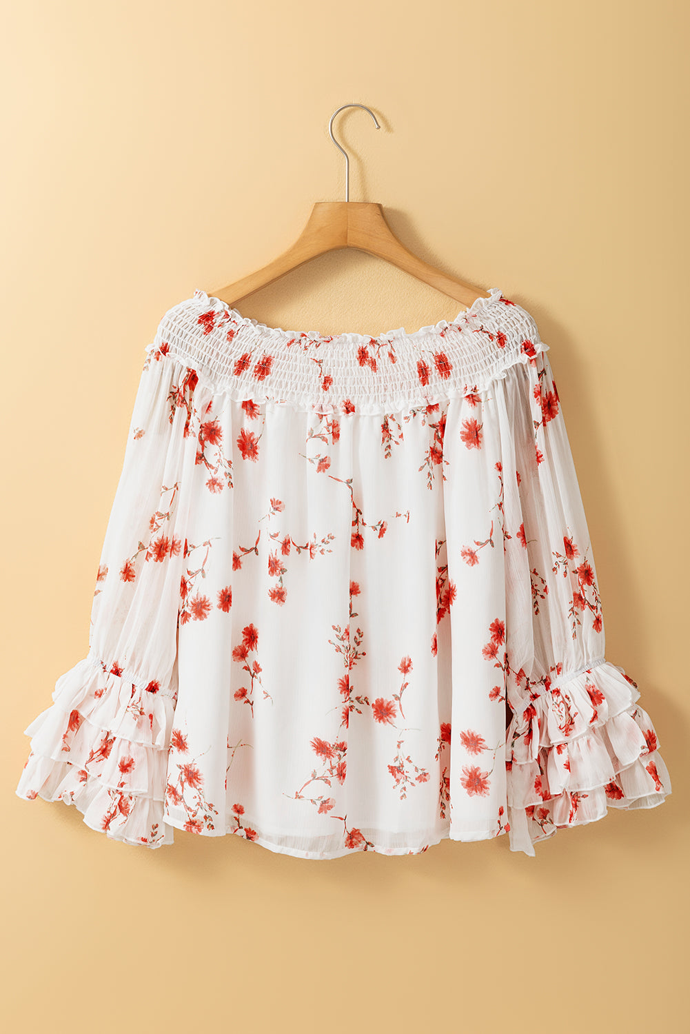 Floral Print Shirred Off Shoulder Ruffled Sleeve Blouse