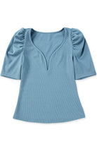 Sky Blue Ribbed Knit V Neck Ruched Sleeve Top