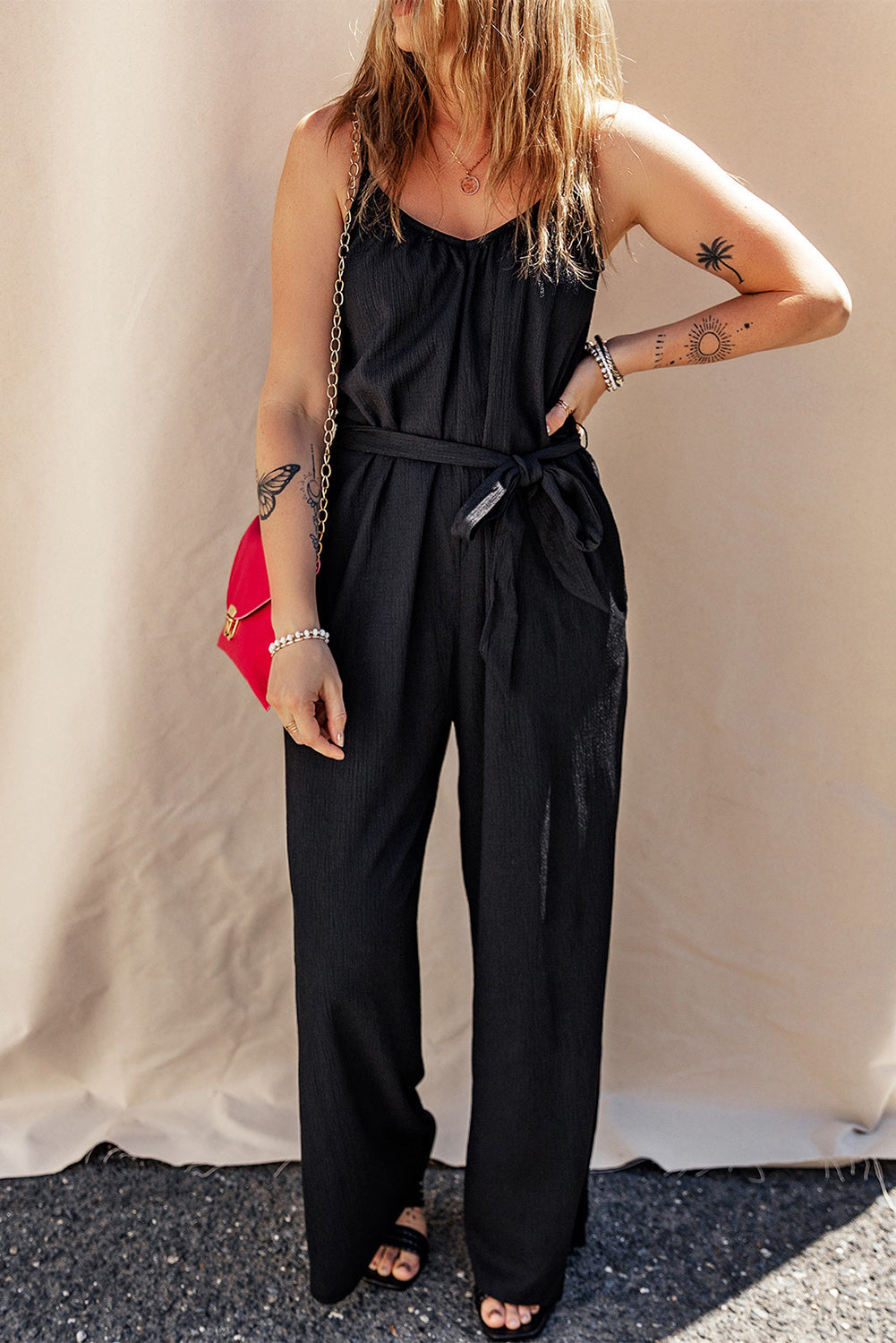 Textured Belted Wide Leg Sleeveless Jumpsuit