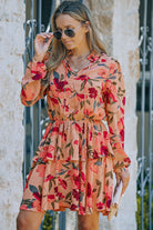 Fiery Red Frilled Collar Long Sleeve Floral Dress with Ruffle