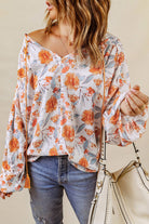 Split V Neck Floral Print Dolman Blouse