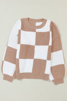 Checkered Ribbed Knit Puff Sleeve Sweater