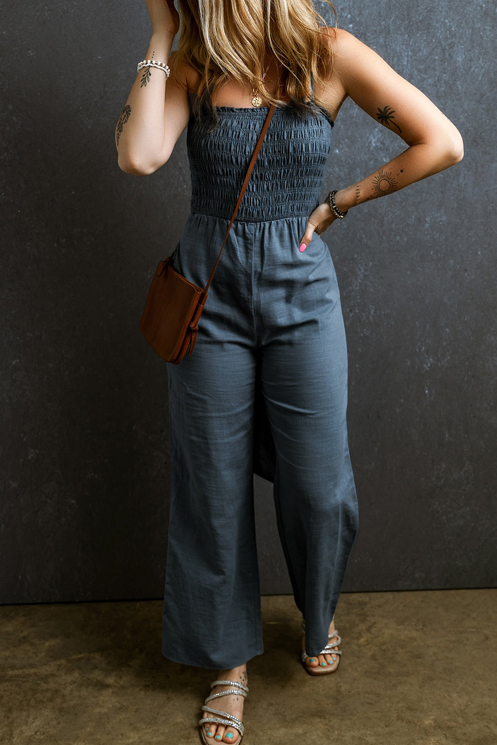 Smocked Spaghetti Straps Tied Back Wide Leg Jumpsuit