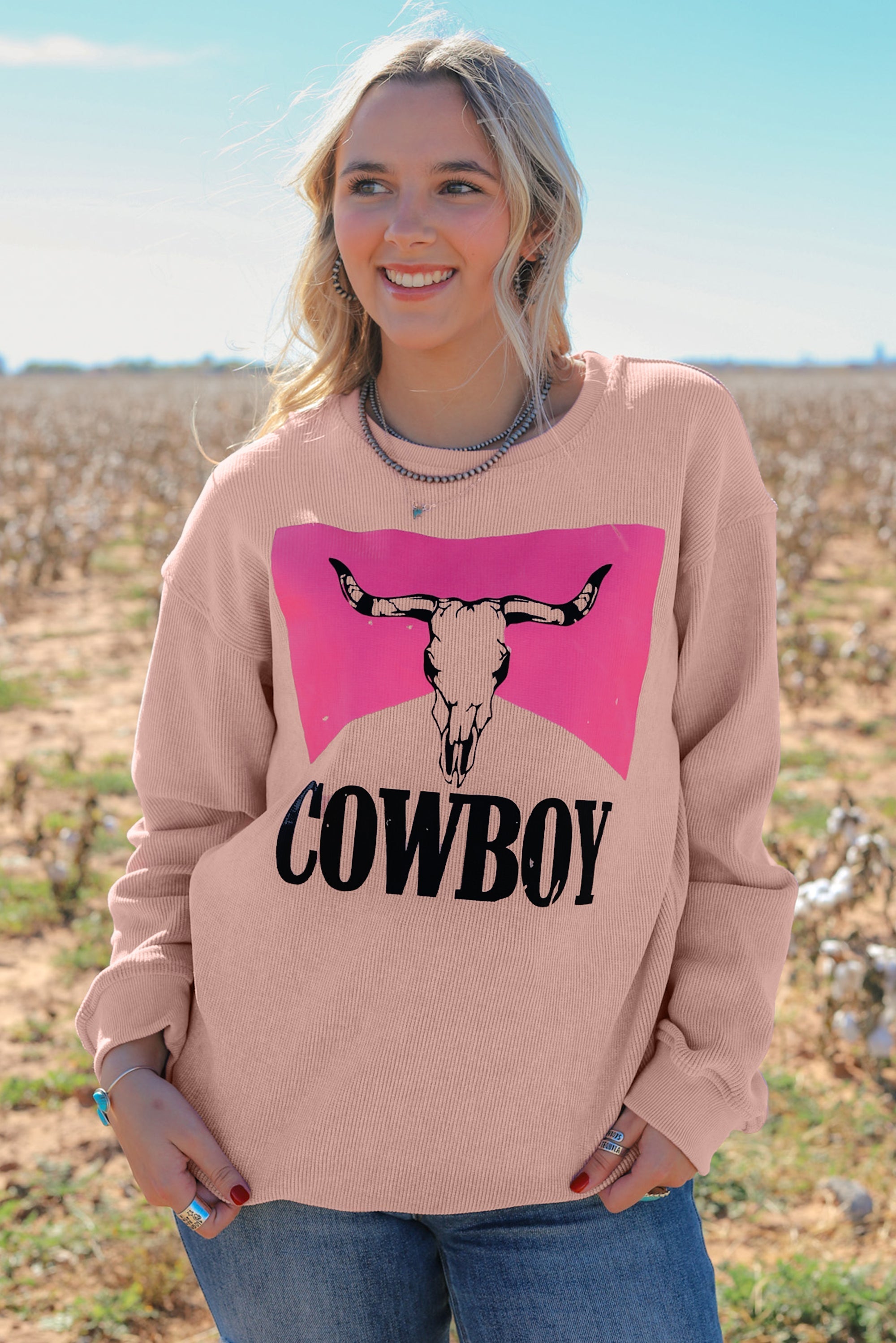 Steer Head Cowboy Print Corded Pullover Sweatshirt