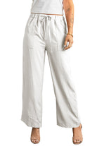 White Drawstring Waist Crinkled Wide Leg Pants