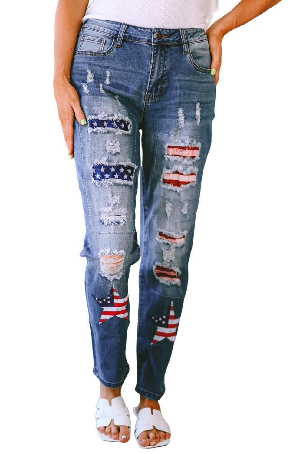 Sky Blue American Flag Patched Distressed Jeans