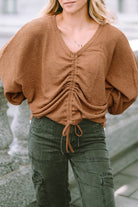 V-Neck Drawstring Dolman Sleeve Waffle Knit Top