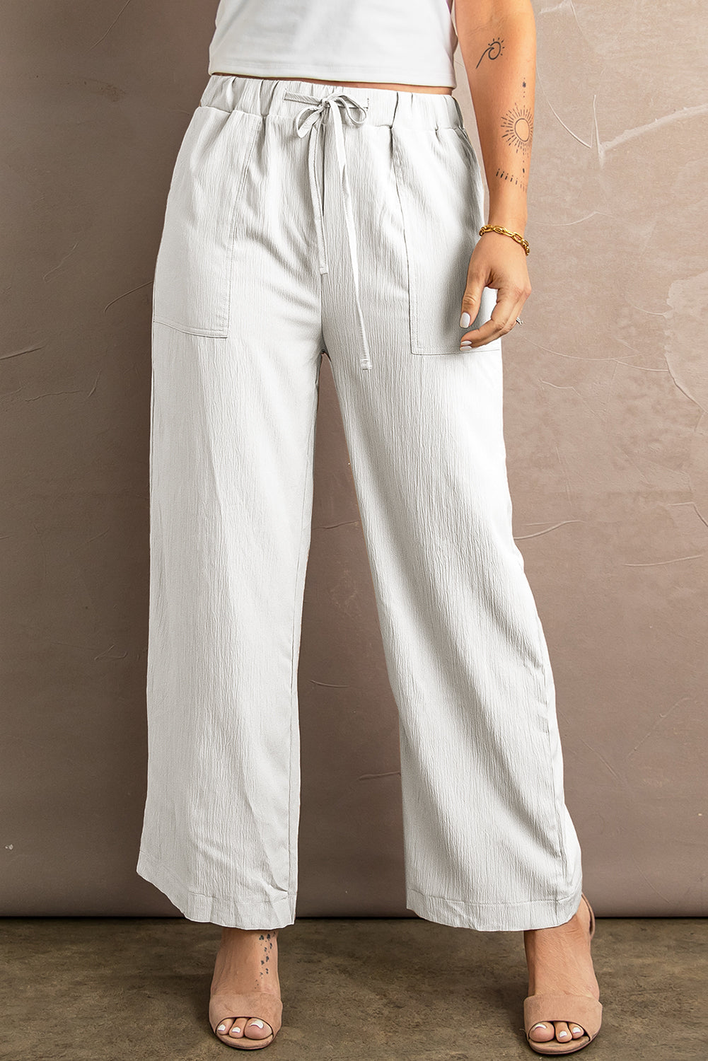 White Drawstring Waist Crinkled Wide Leg Pants