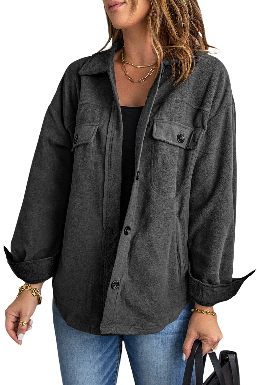 Gray Turn Down Collar Buttoned Shirt Jacket