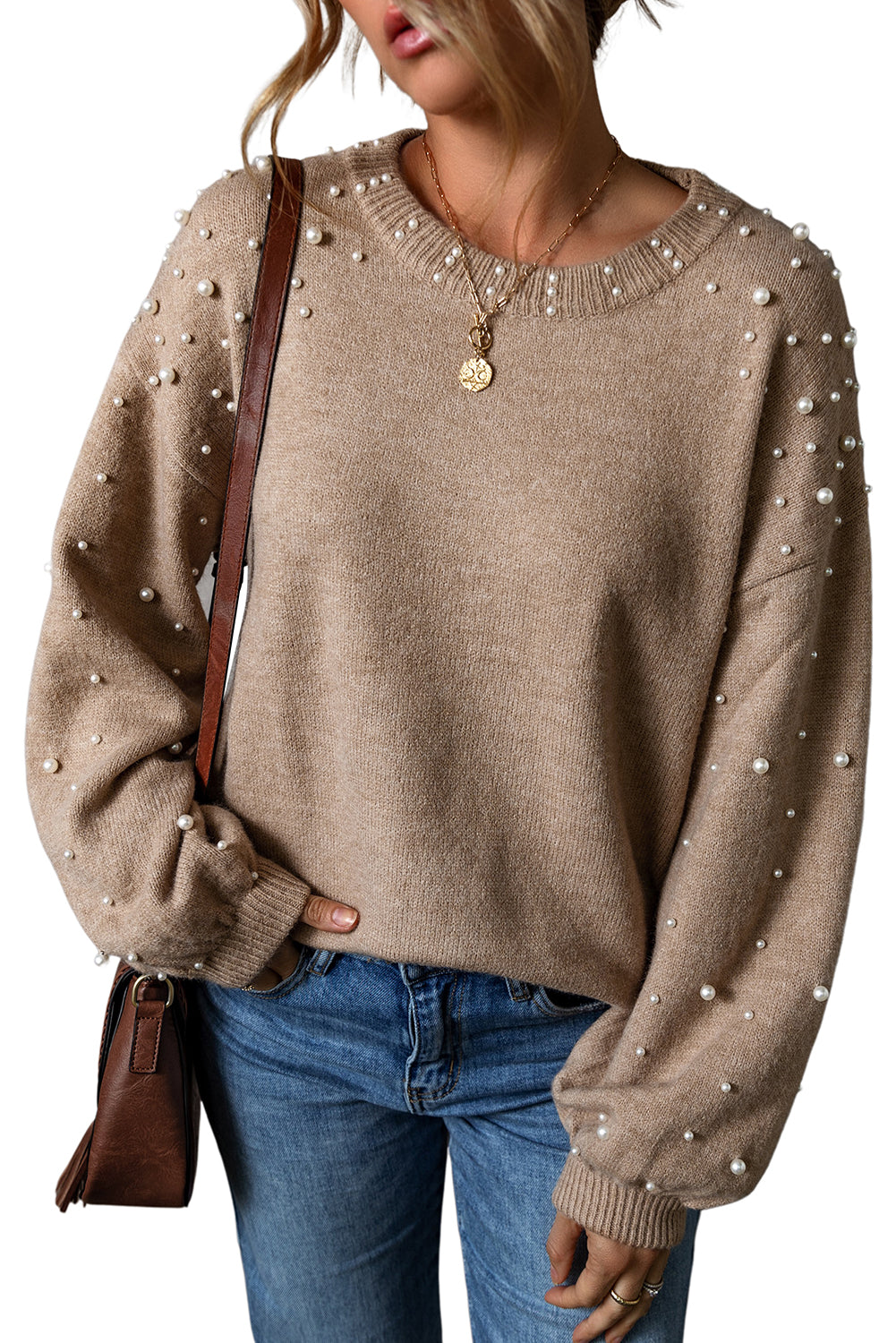 Pearled Drop Shoulder Round Neck Sweater