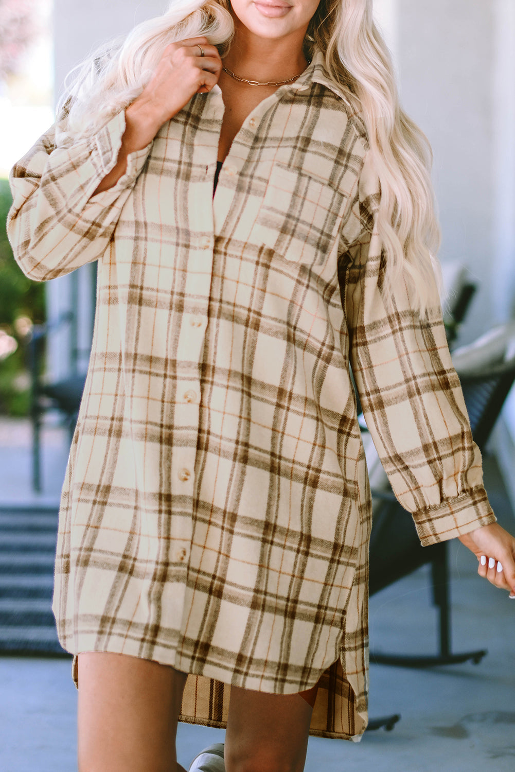 Western Plaid Button Up Loose Shirt Dress