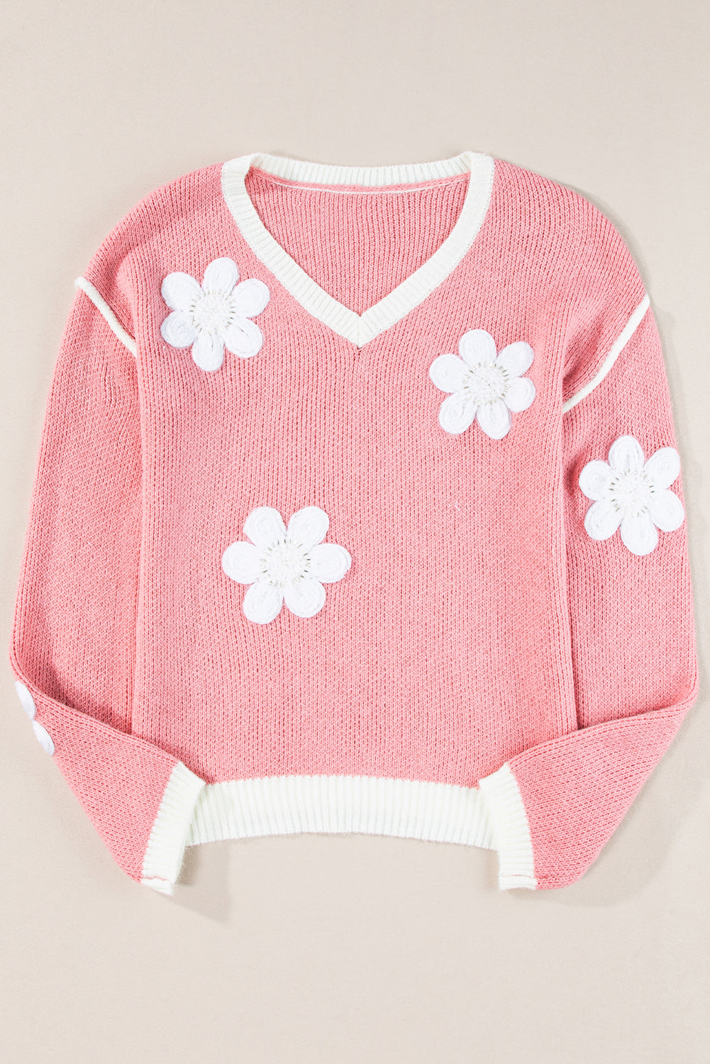 Flower V Neck Dropped Shoulder Sweater