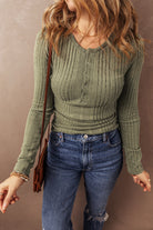 Ribbed Knit Half Button Slim Fit Blouse