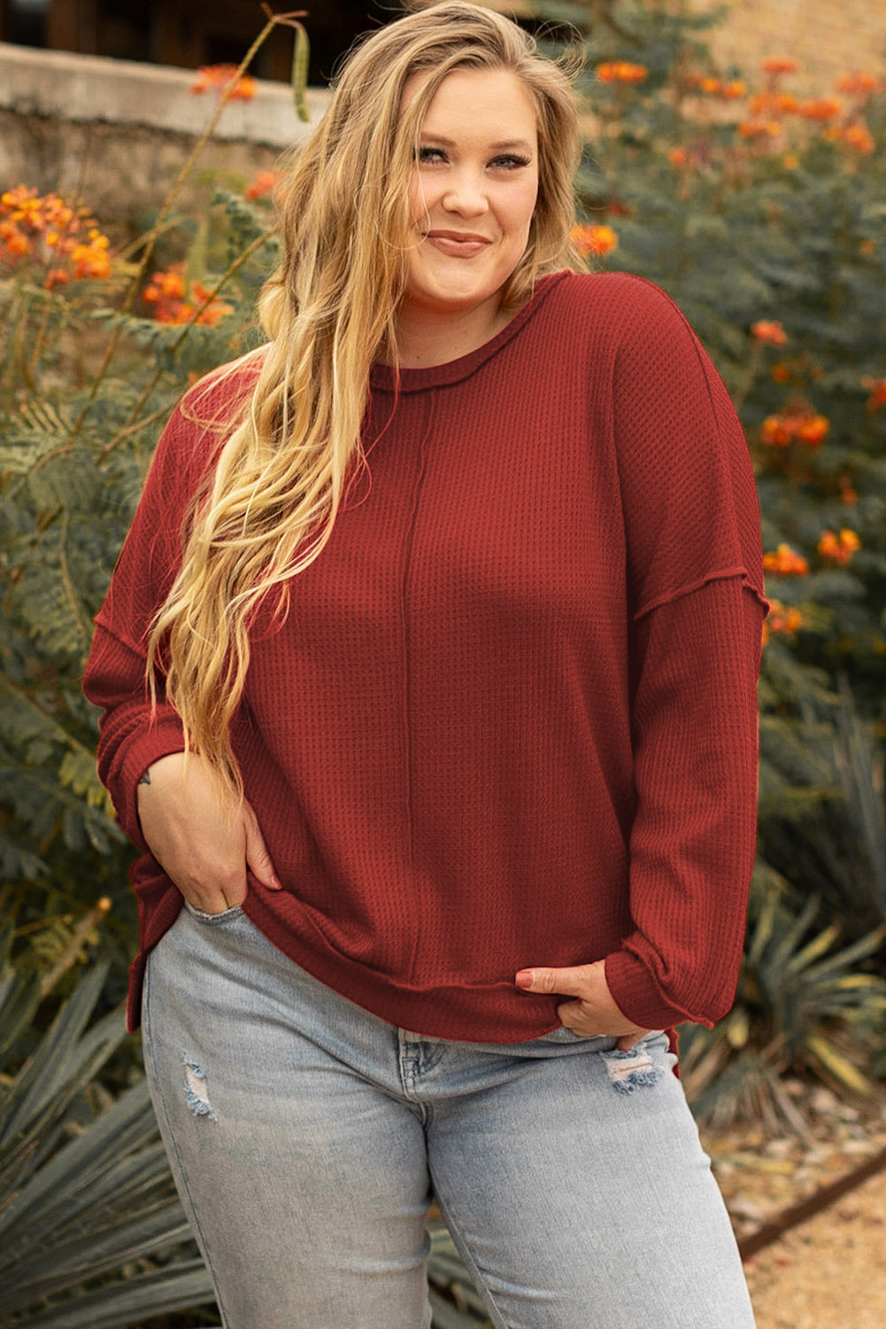 Exposed Seam Detail Waffle Knit Plus Size Top