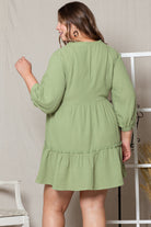 Green Textured Ruffled Buttoned V Neck Plus Size Mini Dress