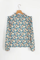 Floral Print Frilled Mock Neck Puff Sleeve Blouse